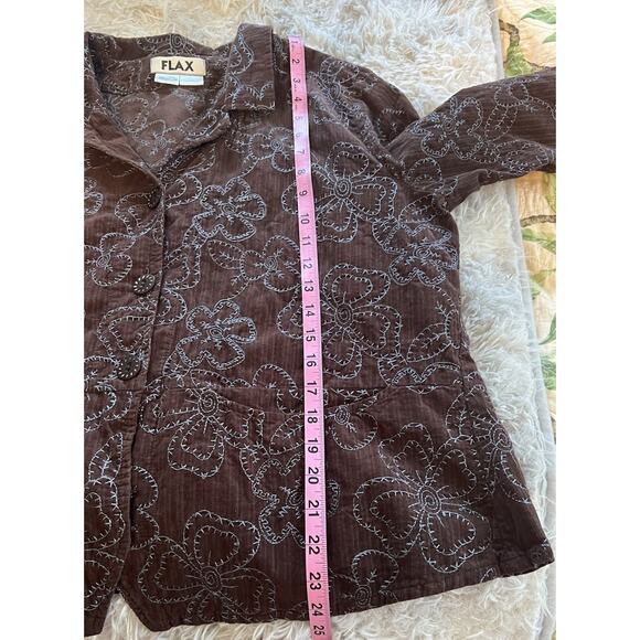 FLAX Medium Brown Corduroy Collared Lightweight Jacket Blue Embroidered Floral - Picture 9 of 9